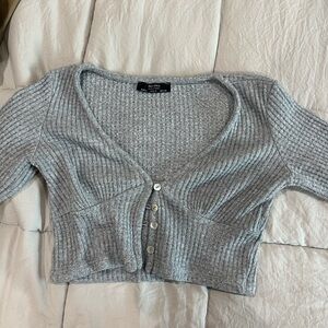Bershka Light Gray Ribbed Button-Up Blouse